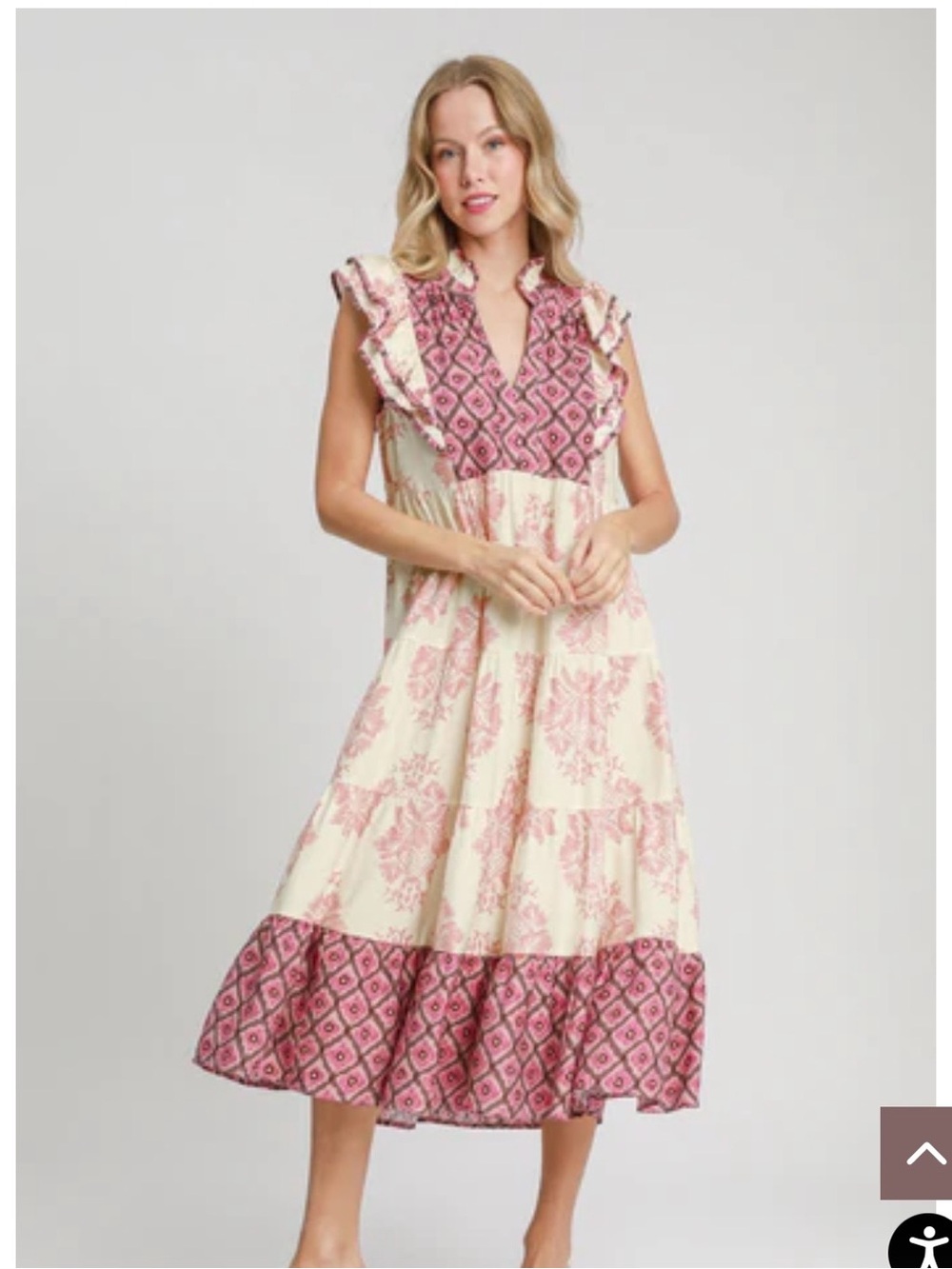 Umgee Mixed Print Midi Dress with Contrasting Binding in Blush Mix Small
